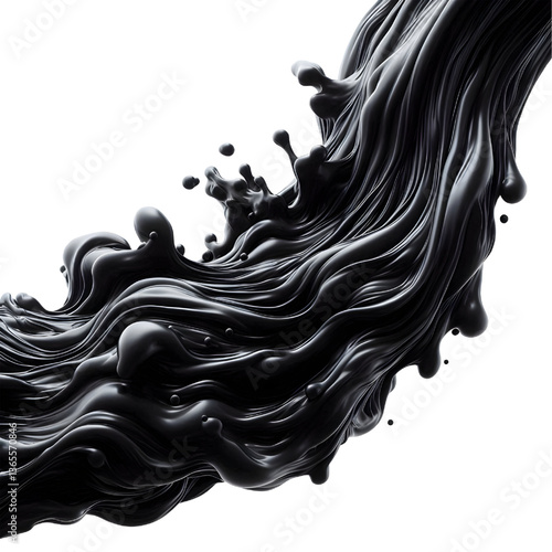 3D Black molten liquid flowing isolated on white background