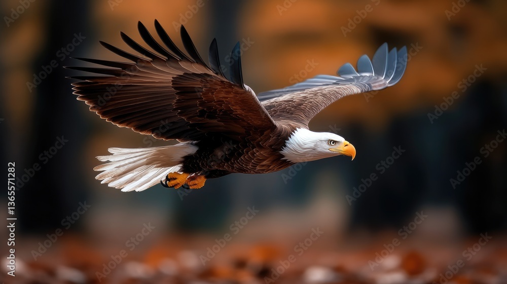 Obraz premium A bald eagle navigates the crisp autumn air, its wings spread wide as it glides over a forest bed of colorful fallen leaves