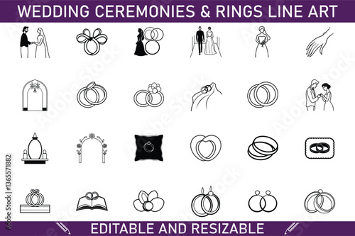 Wedding Ceremonies Rings Line Art Icons Editable Resizable Graphics