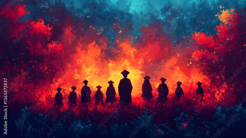 Silhouetted figures in fiery autumnal forest Silhouetted figures in fiery autumnal forest