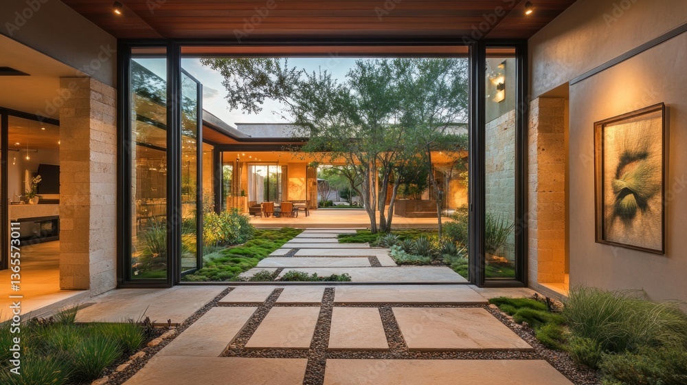 Elegant entryway with stone walkway and view of a modern outdoor dining area at dusk Elegant entryway with stone walkway and view of a modern outdoor dining area at dusk