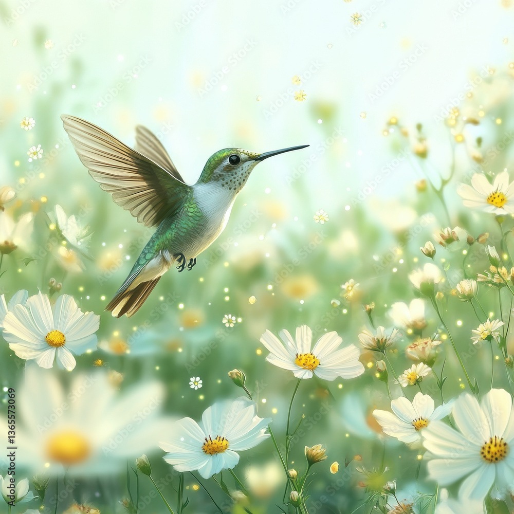 vibrant hummingbird flits gracefully among delicate white flowers in lush green field, capturing essence of nature beauty and tranquility