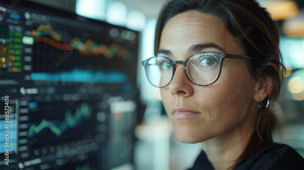 Data analyst focused on business intelligence and performance metrics in a modern office setting Data analyst focused on business intelligence and performance metrics in a modern office setting