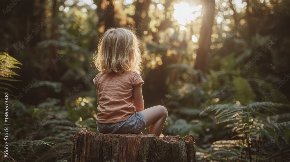 Back view of A child sits on a stump, surrounded by lush greenery, enjoying a serene forest moment.
