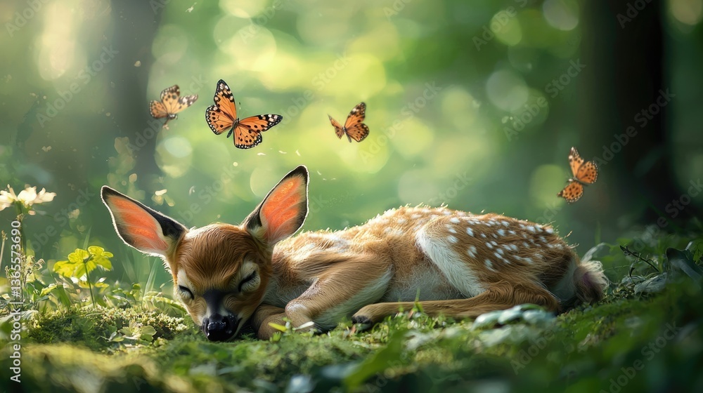 A sleeping fawn surrounded by butterflies in a lush green forest.