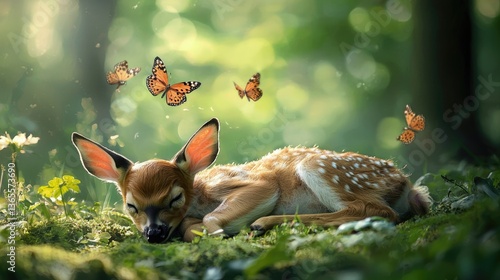 Obraz na płótnie A sleeping fawn surrounded by butterflies in a lush green forest. w salonie