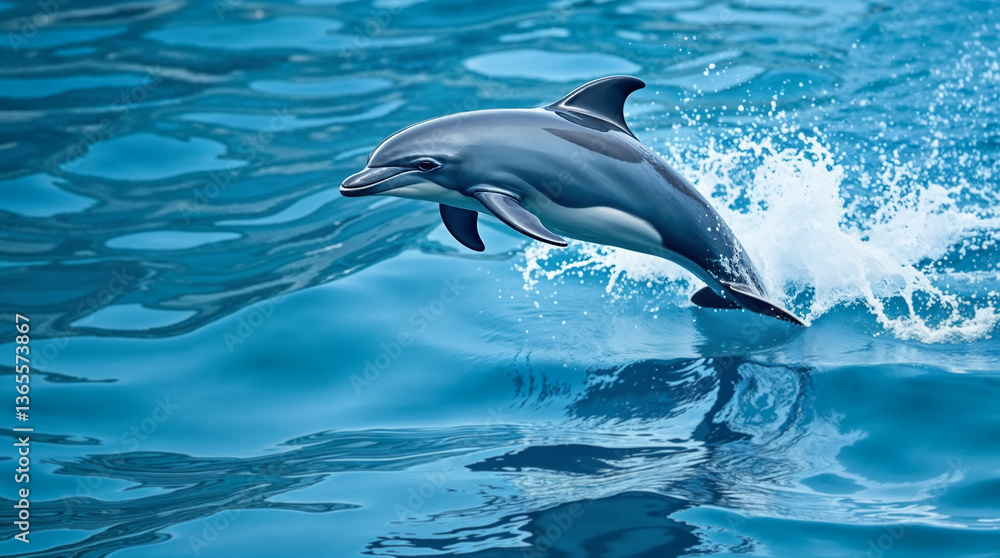 Obraz premium Blue dolphin jumping out of sea water. Wild bottlenose animal swimming in open ocean waters