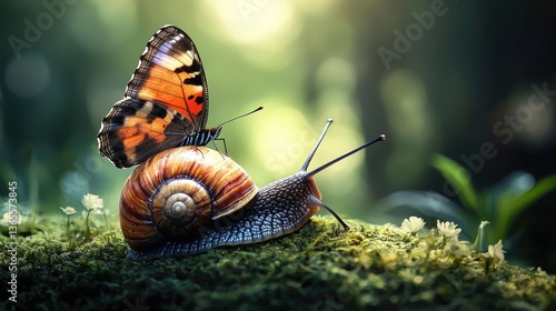 A butterfly perched on a snail in a lush, green forest setting.
