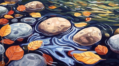 Colorful leaves and smooth stones in a tranquil water setting.