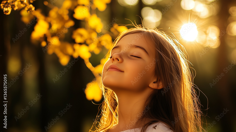 Fototapeta premium Portrait of a young girl with her head slightly tilted back, eyes closed in serenity, standing in a forest clearing, golden sun rays filtering through the trees around her