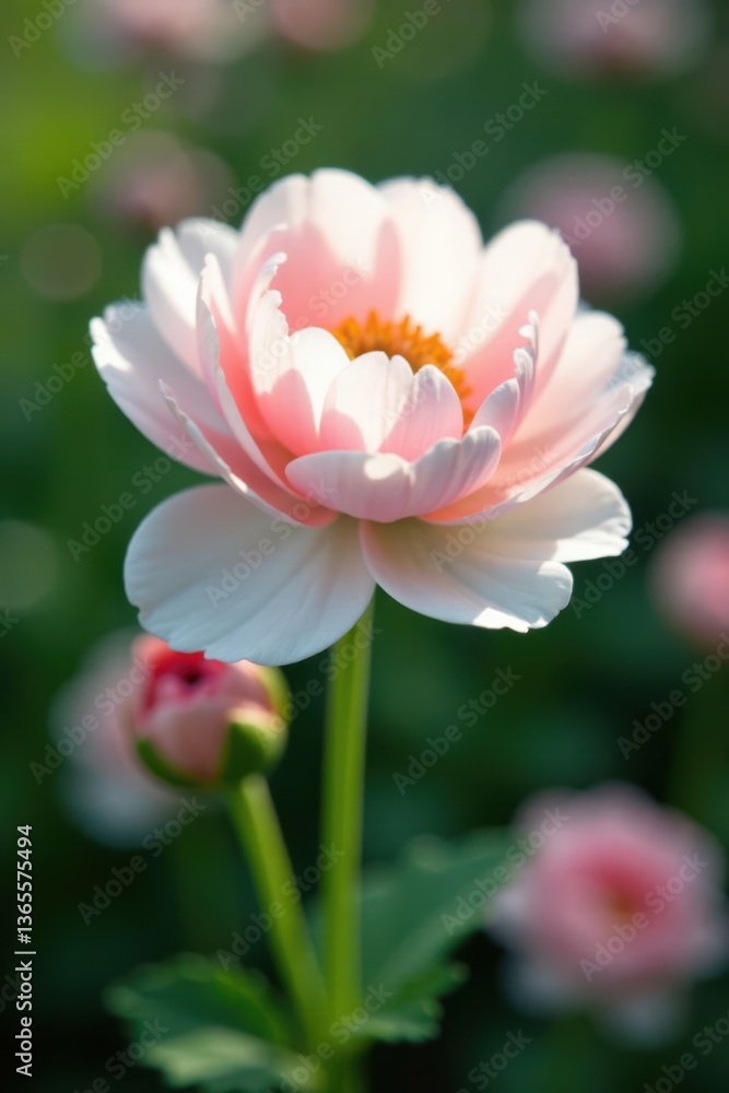 Fototapeta premium Pure white and pale pink ranunculus blooms sway gently in the breeze , ranunculus, soft