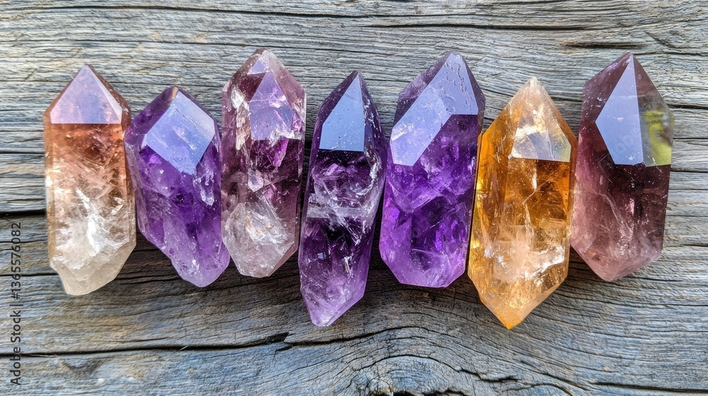 Colorful quartz crystals arranged on a wooden surface, showcasing various hues and shapes.