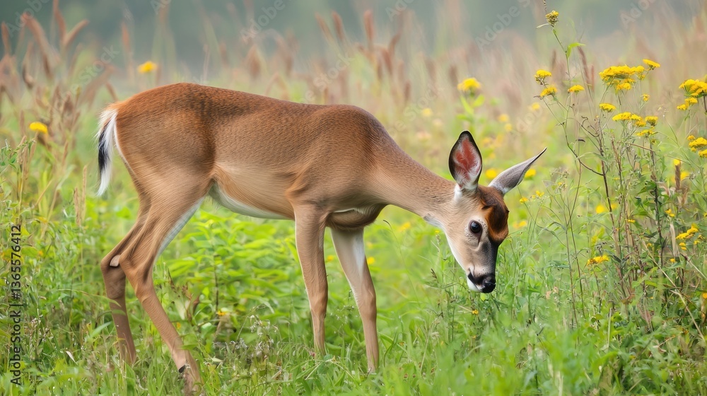 A deer forages in a lush green field surrounded by wildflowers.