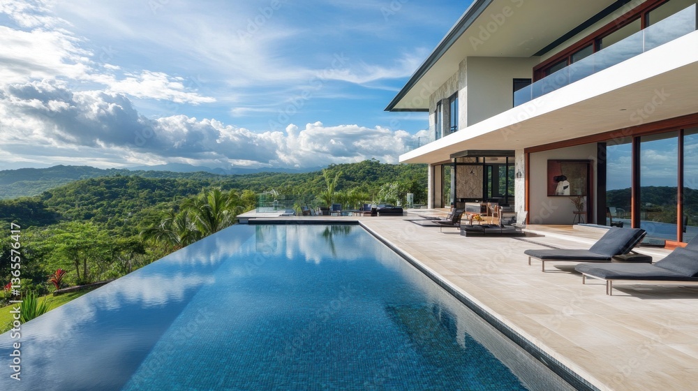 Obraz premium Modern Luxury Villa with Infinity Pool Overlooking Lush Green Landscape and Cloudy Sky