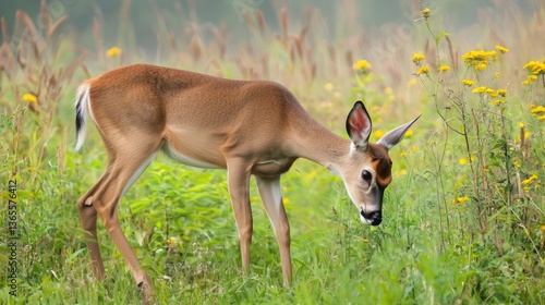 Obraz na płótnie A deer forages in a lush green field surrounded by wildflowers. w salonie