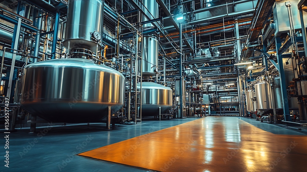Fototapeta premium Industrial Factory Interior: Steel Tanks and Pipes