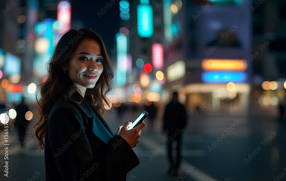 Elegant Young Woman in Black Blazer Using Smartphone at Night in City Lights
