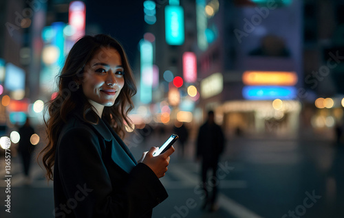 Obraz na płótnie Elegant Young Woman in Black Blazer Using Smartphone at Night in City Lights w salonie
