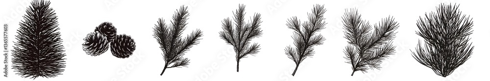 Obraz premium Pinecone and Branches: Delicate illustration of pinecones and various branches in shades of grey and black, perfect for conveying a sense of natural simplicity and rustic charm.