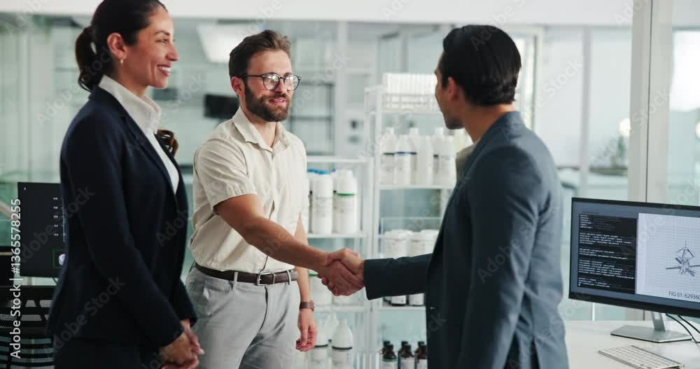Shaking hands, business people and happy for meeting at office for deal at pharmaceutical company. Woman, men and handshake with welcome, introduction and smile with partnership for production