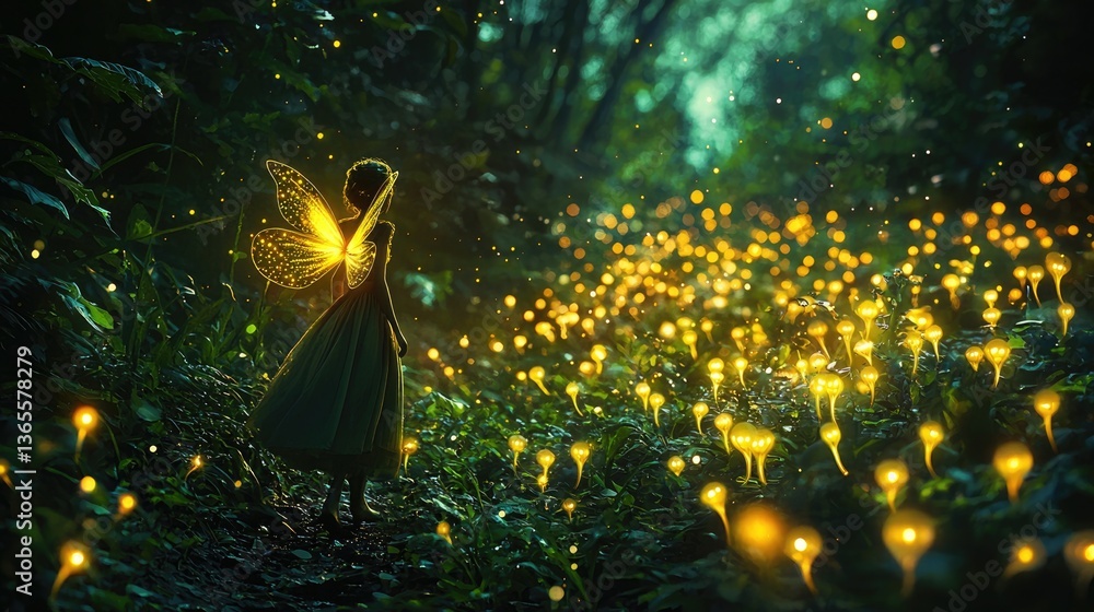 A girl with butterfly wings walks through a glowing forest filled with whimsical lights.