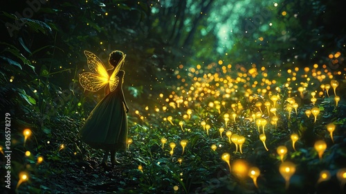Obraz na płótnie A girl with butterfly wings walks through a glowing forest filled with whimsical lights. w salonie
