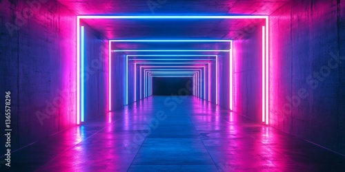 A long tunnel that is completely filled with purple and blue neon lights