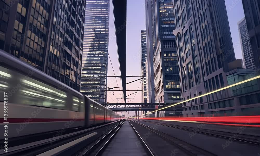A high-speed train streaks past skyscrapers and down a city road in a soft, purple dusk. A high-speed train streaks past skyscrapers and down a city road in a soft, purple dusk.