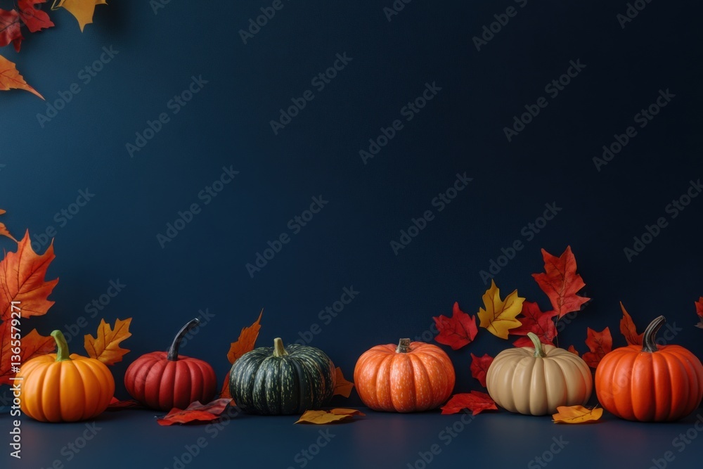 A simple yet elegant autumn composition with pumpkins and leaves on a dark blue background in warm seasonal tones A simple yet elegant autumn composition with pumpkins and leaves on a dark blue background in warm seasonal tones