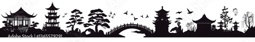 Ancient Pagoda Landscape: A majestic panoramic view of an oriental landscape features a collection of detailed pagodas and bridges in silhouette against an illustrative backdrop.