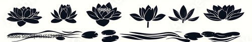 Serene Lotus Collection: A set of elegant lotus flower illustrations, showcasing their delicate beauty and symbolic purity, alongside tranquil water elements.