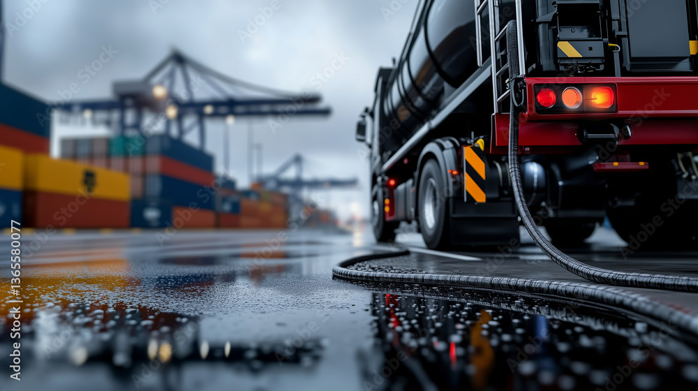 Front view of a specialized vacuum truck parked at a shipping port, large tank attached with flexible hoses snaking around, cargo containers in the distance Front view of a specialized vacuum truck parked at a shipping port, large tank attached with flexible hoses snaking around, cargo containers in the distance