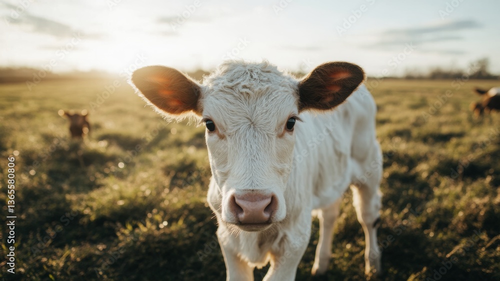 A close-up of a young white calf standing in a grassy field. The curious animal, with its pink nose and large ears, is illuminated by the warm glow of a setting sun, embodying rural charm A close-up of a young white calf standing in a grassy field. The curious animal, with its pink nose and large ears, is illuminated by the warm glow of a setting sun, embodying rural charm