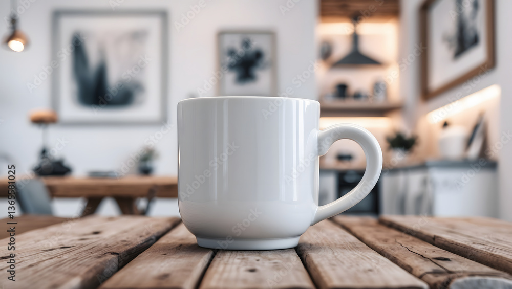 Fototapeta premium Blank White Mug on Rustic Wooden Table in Modern Kitchen