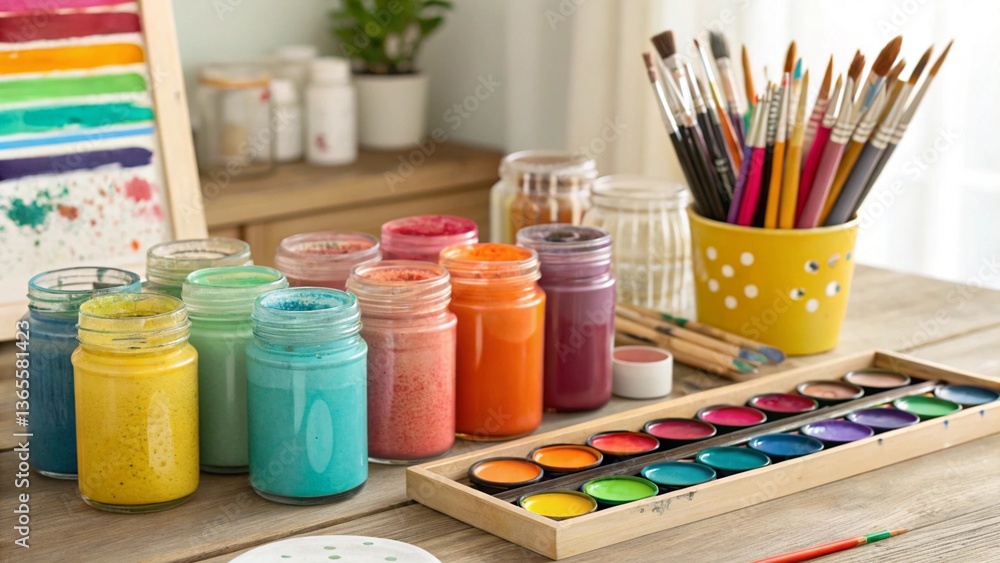 A set of colorful paints and brushes on a wooden table, showcasing art supplies.
A set of colorful paints and brushes on a wooden table, showcasing art supplies.