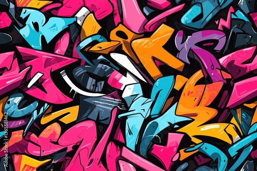Wallpaper Mural Seamless vibrant and colorful graffiti pattern featuring abstract shapes and letters in pink, blue, orange, and black. The design is energetic and urban, showcasing street art style. Torontodigital.ca
