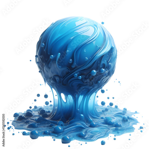 3D blue molten liquid flowing isolated on white background