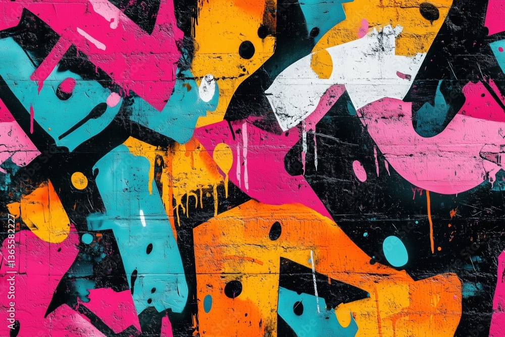 Seamless vibrant graffiti mural featuring bold colors like pink, orange, turquoise, and black, with abstract shapes and splatters creating a dynamic urban art piece. Seamless vibrant graffiti mural featuring bold colors like pink, orange, turquoise, and black, with abstract shapes and splatters creating a dynamic urban art piece.