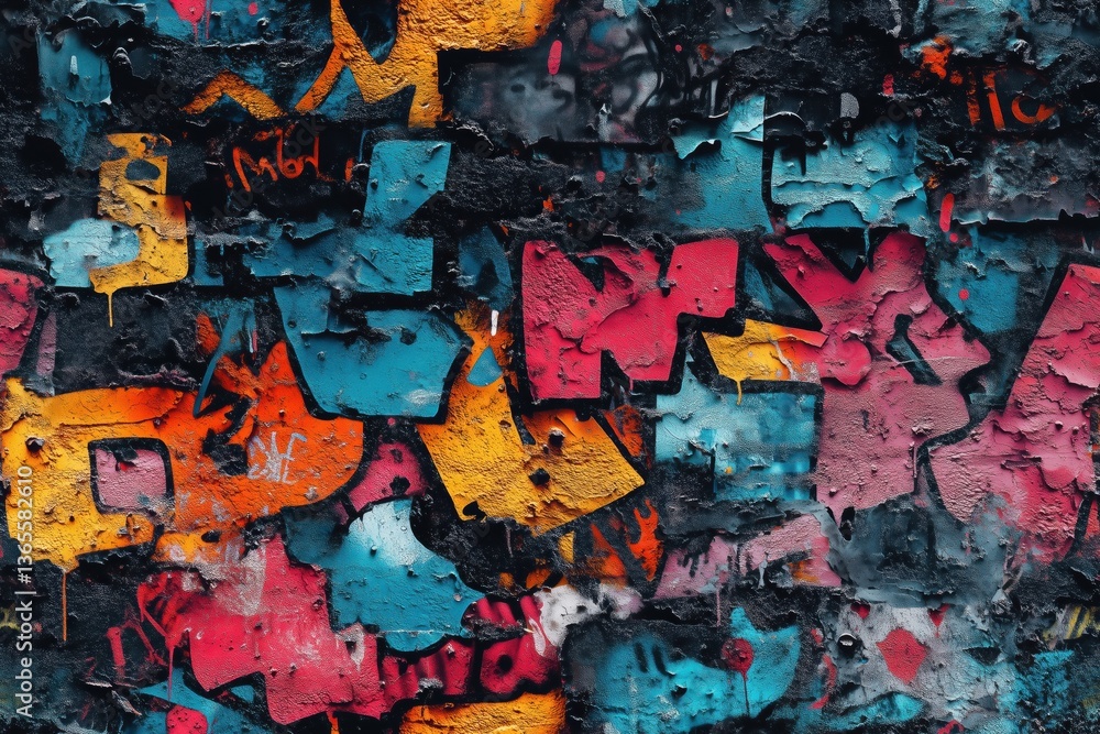 Fototapeta premium Seamless vibrant and textured wall covered in colorful graffiti art, featuring a mix of blue, orange, pink, and black paint. The layers of paint create an abstract and urban aesthetic.