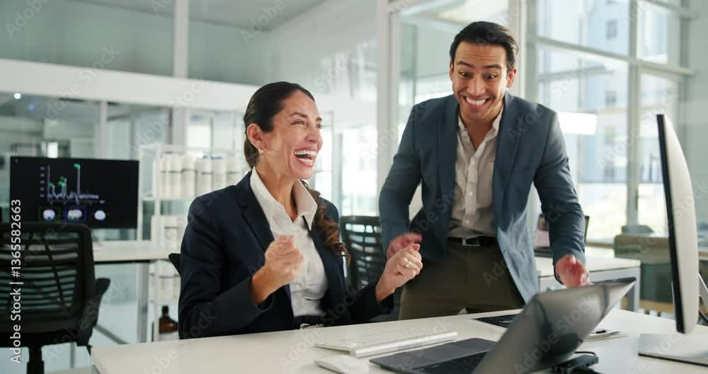 Office, people and colleagues with laptop, applause and happy for success of project, winner and online. Clapping, team and tech for investment, collaboration and excited for achievement in business Office, people and colleagues with laptop, applause and happy for success of project, winner and online. Clapping, team and tech for investment, collaboration and excited for achievement in business
