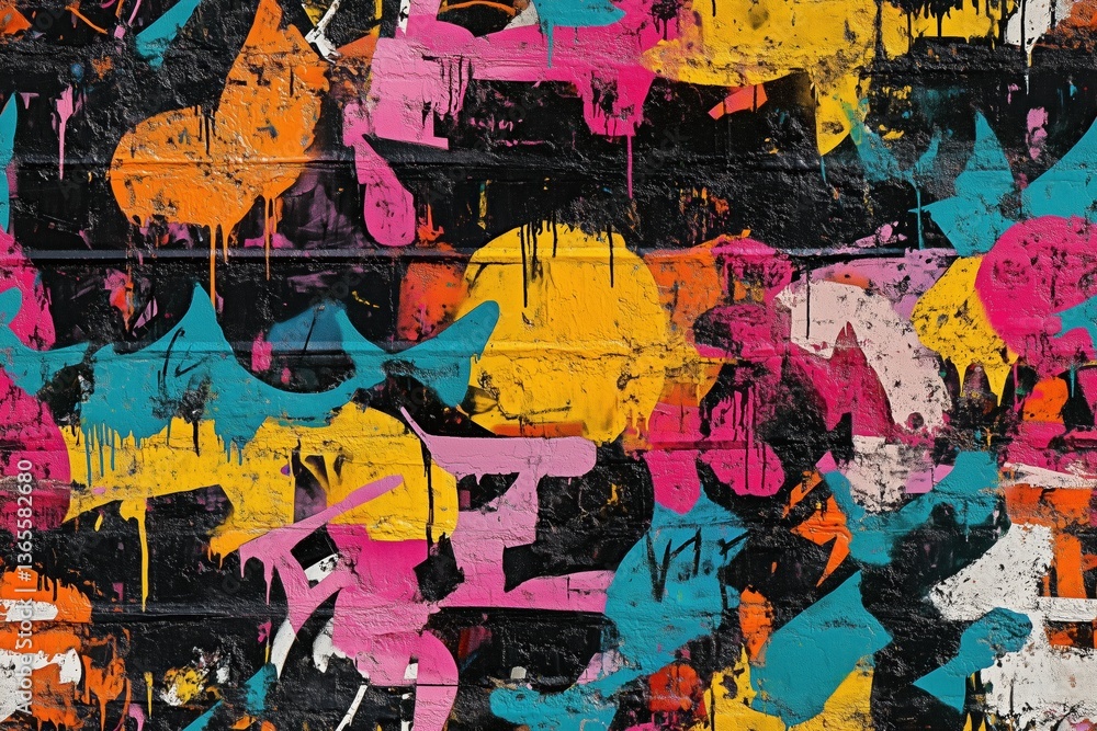 Fototapeta premium Seamless vibrant and colorful abstract mural featuring splashes of pink, orange, yellow, turquoise, and black paint on a textured wall.