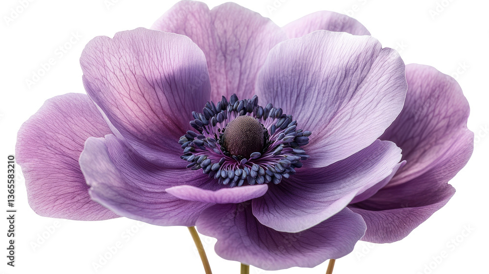 Obraz premium Exquisite Purple Anemone: Close-up shot of a delicate purple anemone, revealing the intricate details of its petals and stamens, a captivating display of botanical beauty.