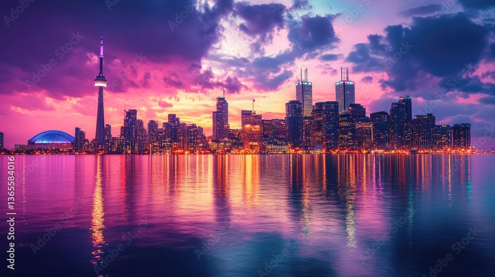 Fototapeta premium City skyline at dusk along a lakeshore with a vibrant glow