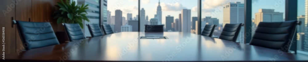 Blurred modern boardroom, cityscape view, empty conference table, sun, office Blurred modern boardroom, cityscape view, empty conference table, sun, office