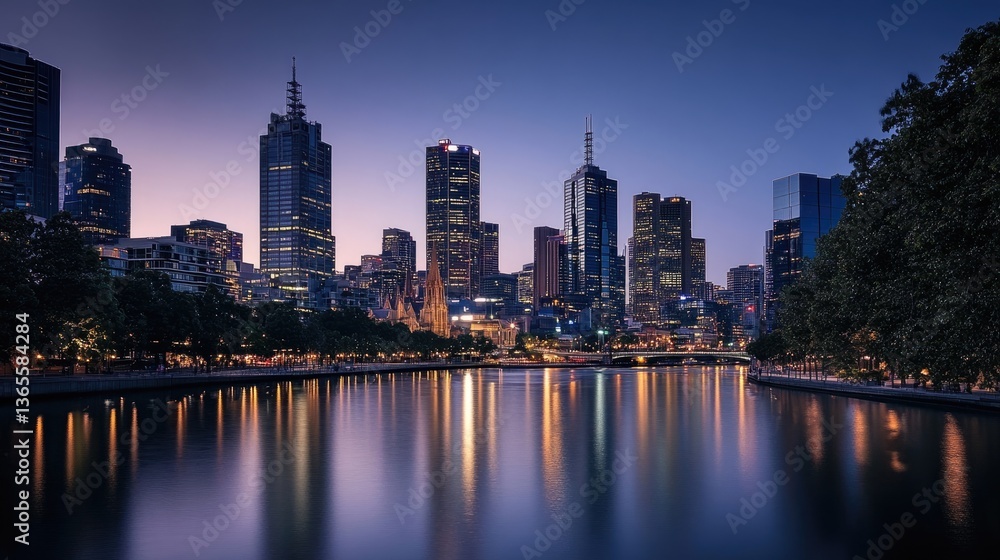 City skyline at dusk viewed from across the river City skyline at dusk viewed from across the river