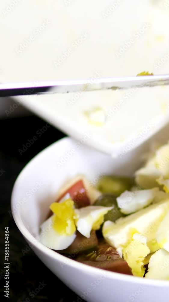 add eggs to salad chef in the kitchen is slicing a boiled egg with a sharp knife on a wooden chopping board surrounded by salad ingredients add eggs to salad chef in the kitchen is slicing a boiled egg with a sharp knife on a wooden chopping board surrounded by salad ingredients