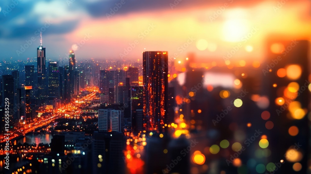 Fototapeta premium City skyline at dusk with tall buildings and bright lights