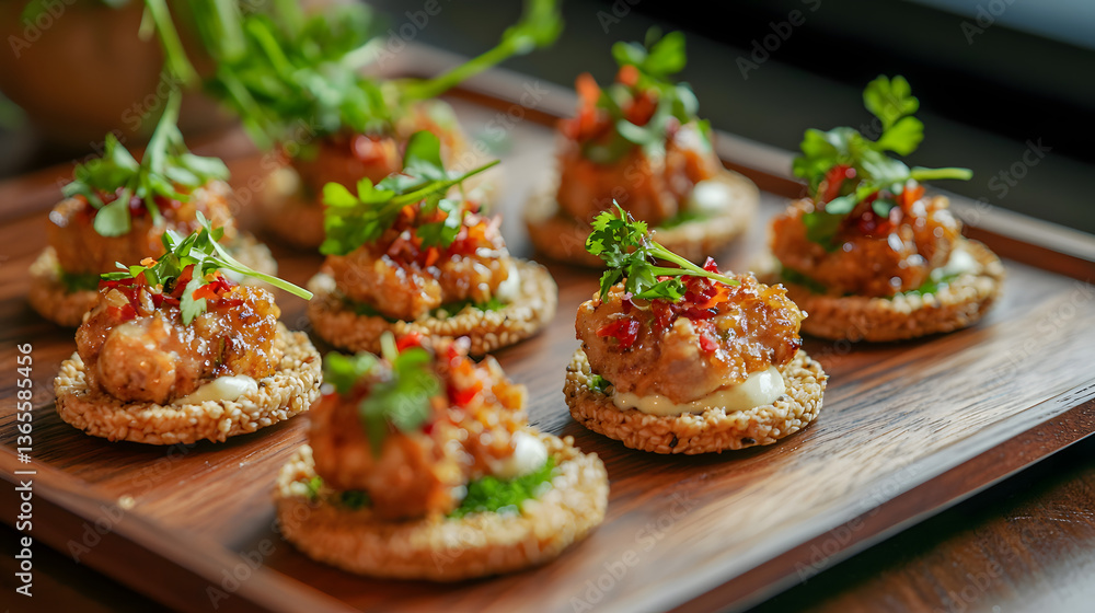 Hand Chopped Seasoned Chicken Thighs Served on Crispy Crackers with Fresh Herbs and Garnishes Hand Chopped Seasoned Chicken Thighs Served on Crispy Crackers with Fresh Herbs and Garnishes