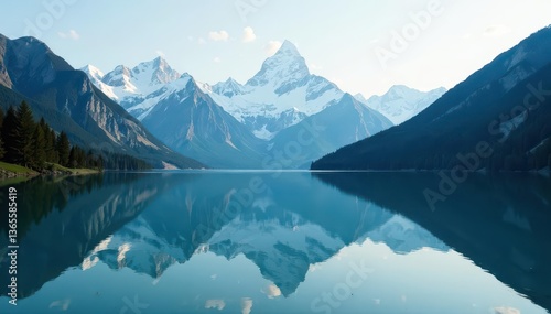 Wallpaper Mural Serene mountain lake, still waters reflect peaks, clouds, mountains Torontodigital.ca