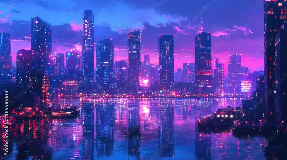 Obraz premium City skyline at dusk with warm lights and reflections on the water